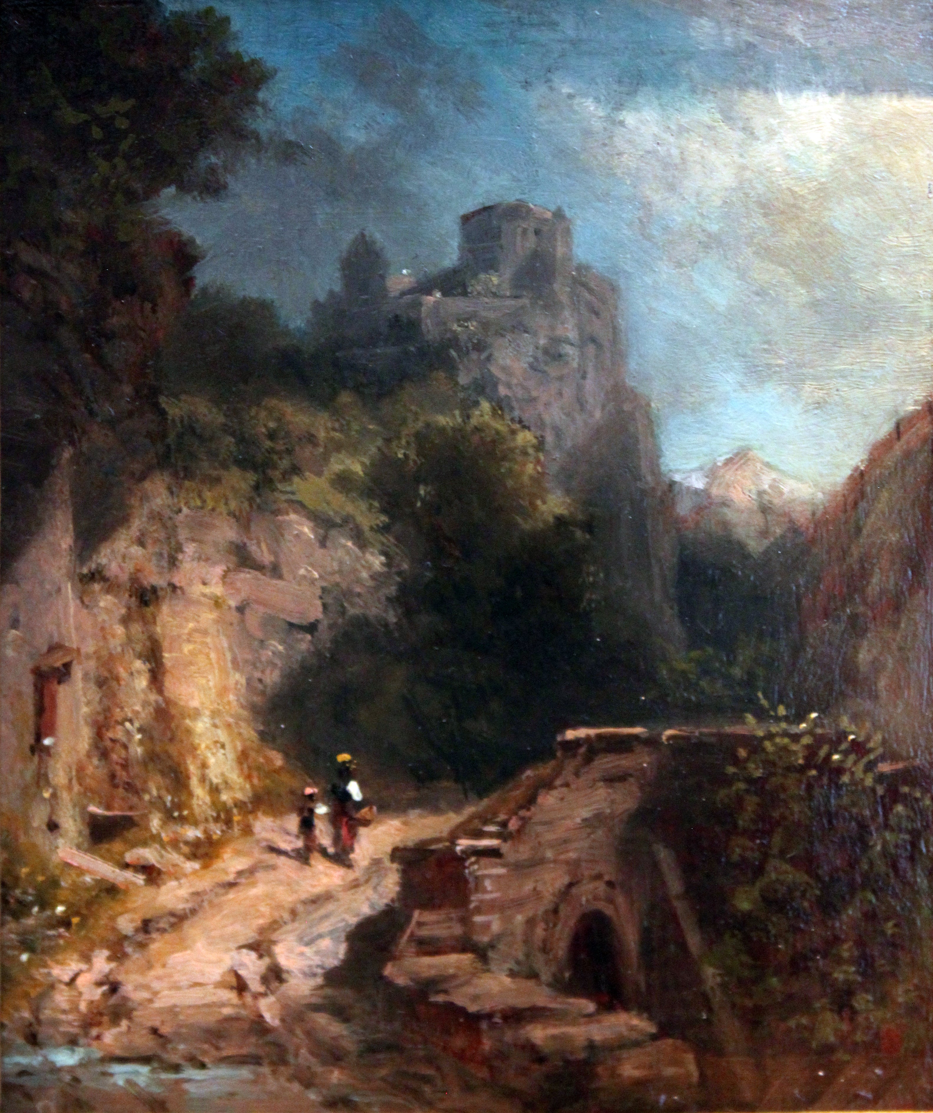 Krajina s horami, mostem a hradem - Carl Spitzweg