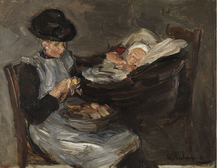 Dívka z Larenu loupající brambory s usnutým dítětem v košíku - Max Liebermann