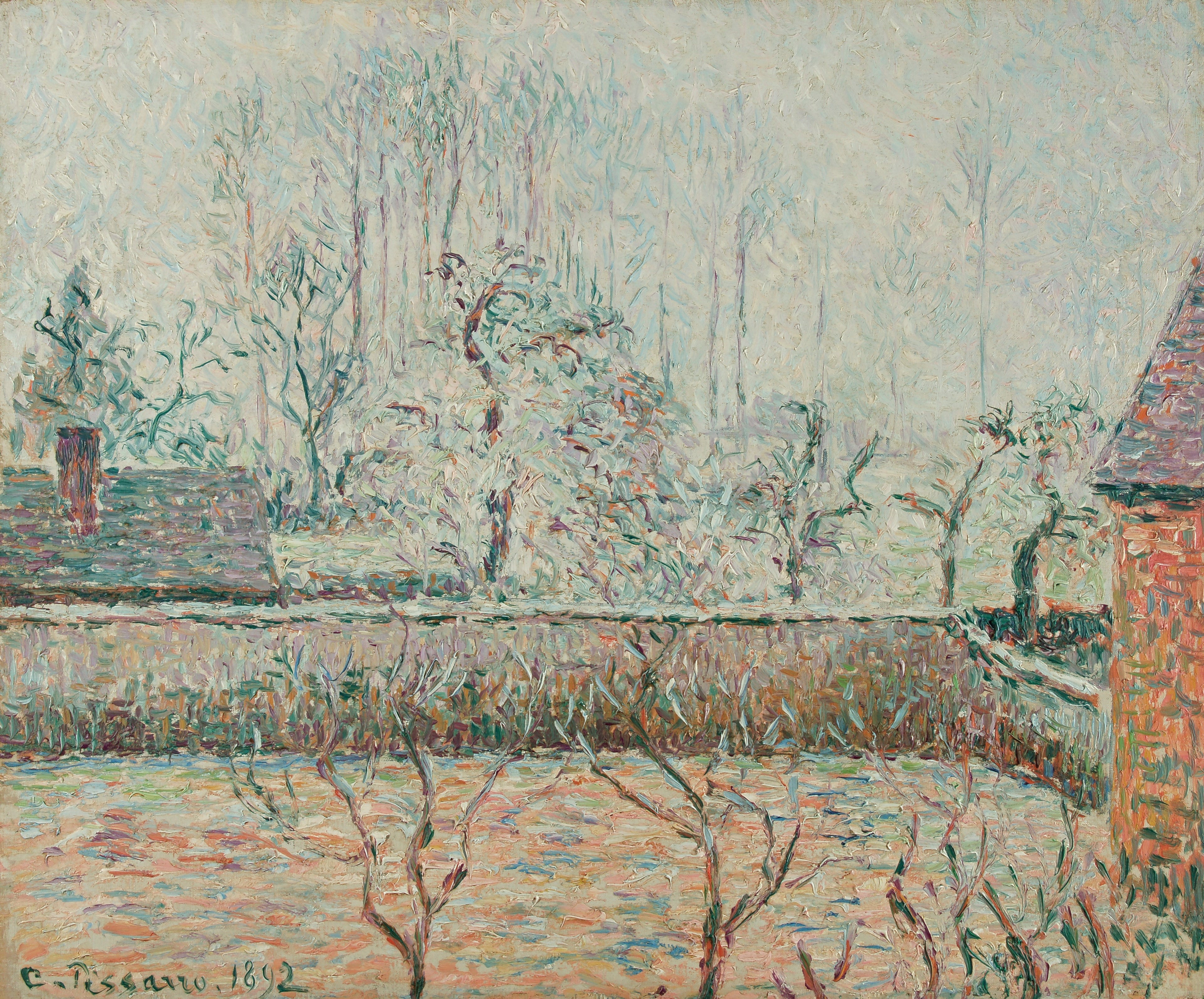 Reproduction du tableau « Paysage avec maisons et mur, brume et givre, Éragny - Camille Pissarro » par Alpha Reproduction en peinture à l’huile