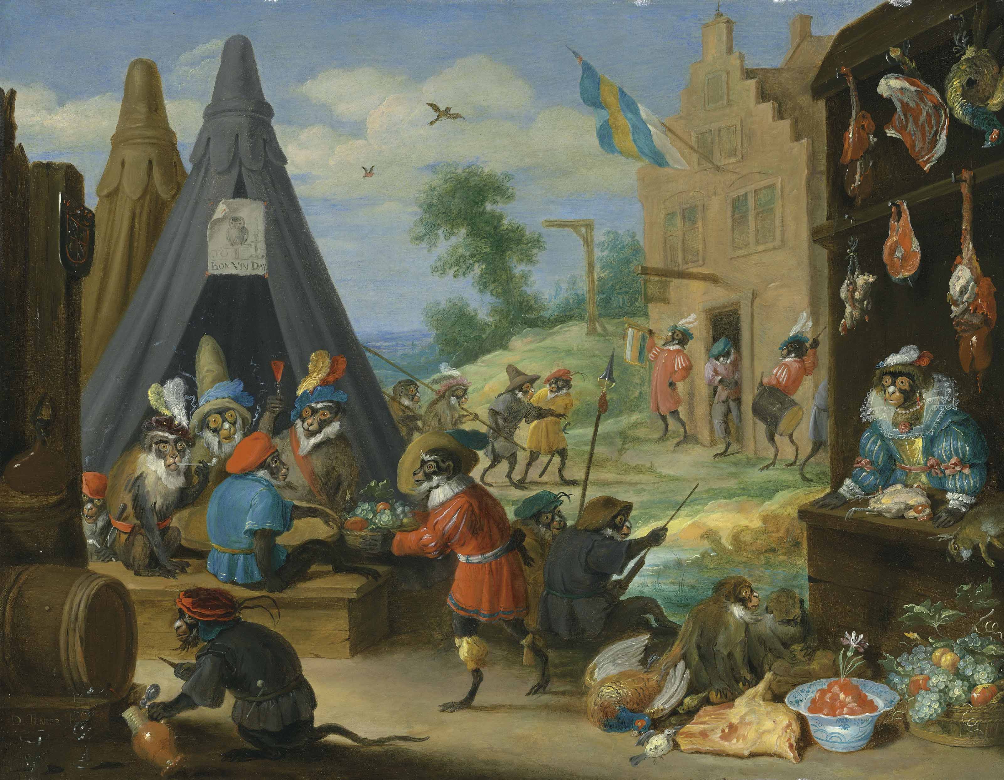 Un festival de singes (des singes déguisés en soldats dans un campement près d'une ville) - David Teniers le Jeune