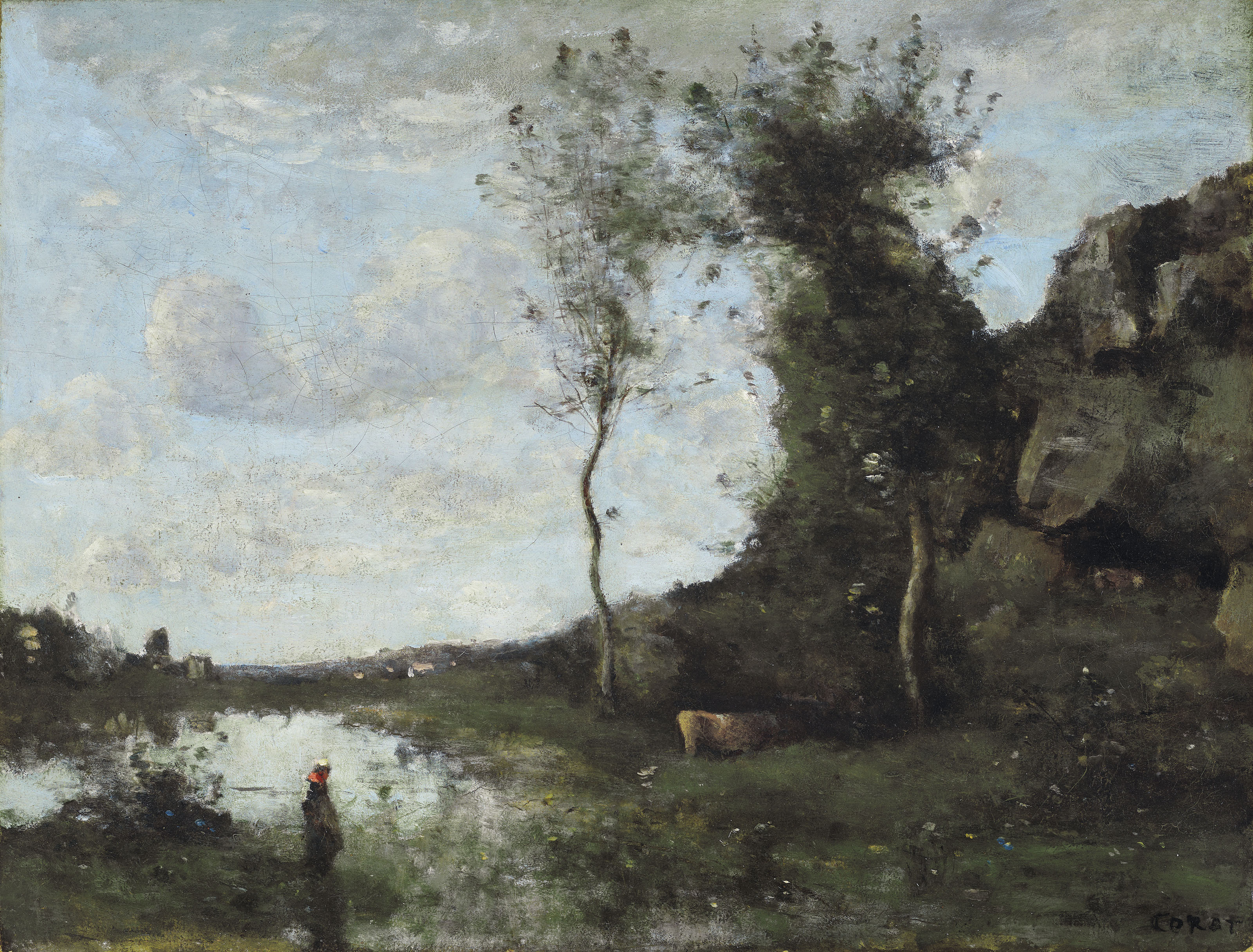 Une paysanne et sa vache à la mare en vue d'un village - Jean-Baptiste Camille Corot