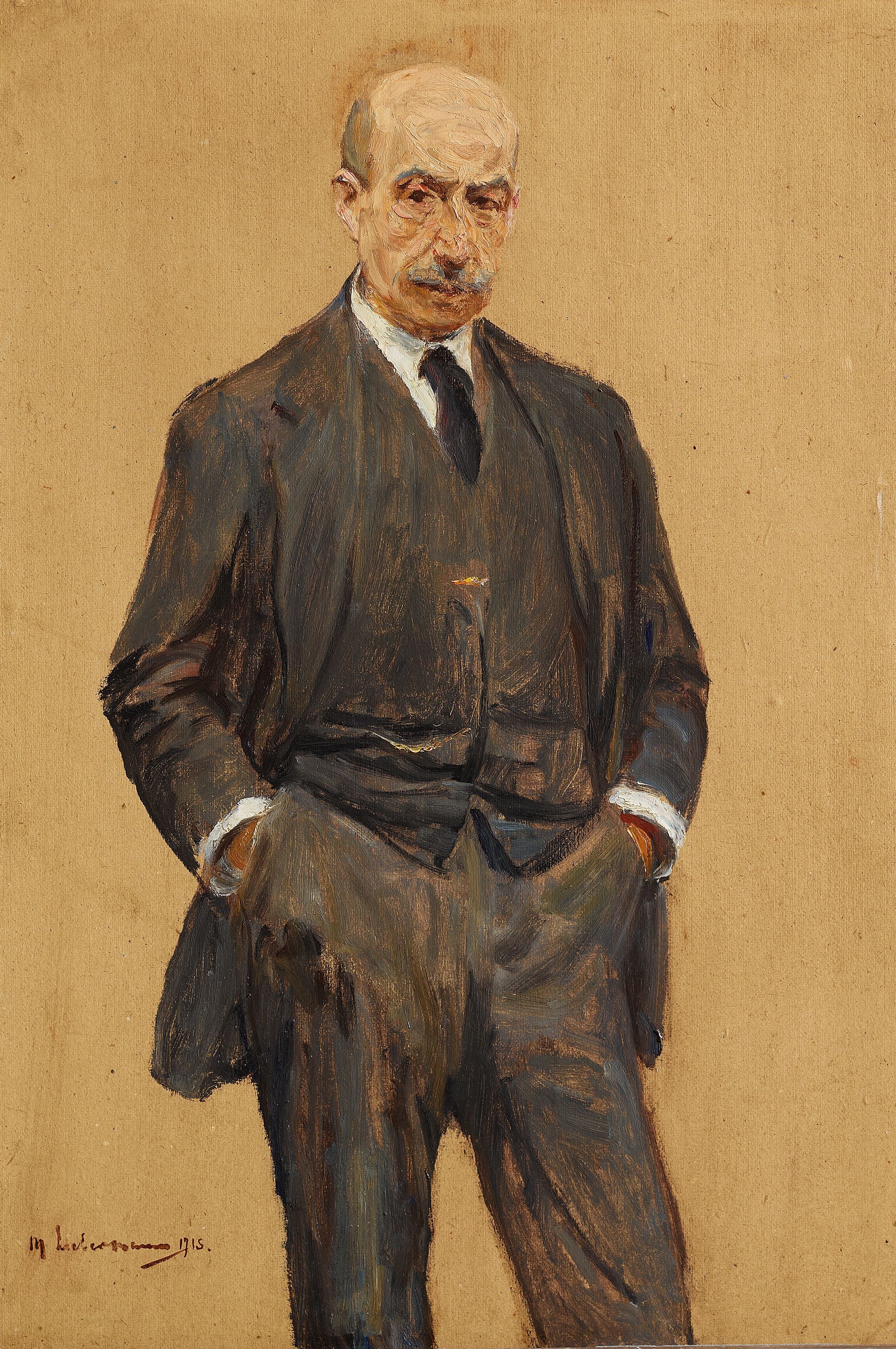 Autoportrét, stojící v tříčtvrtečním pohledu, obě ruce v kapsách kalhot - Max Liebermann