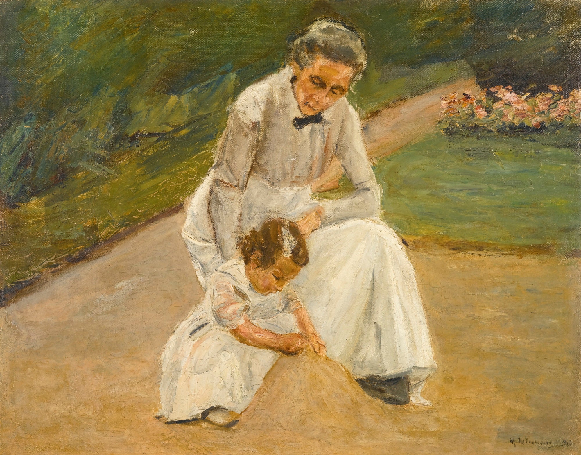 Vnučka umělce a její chůva hrající si na zahradě - Max Liebermann