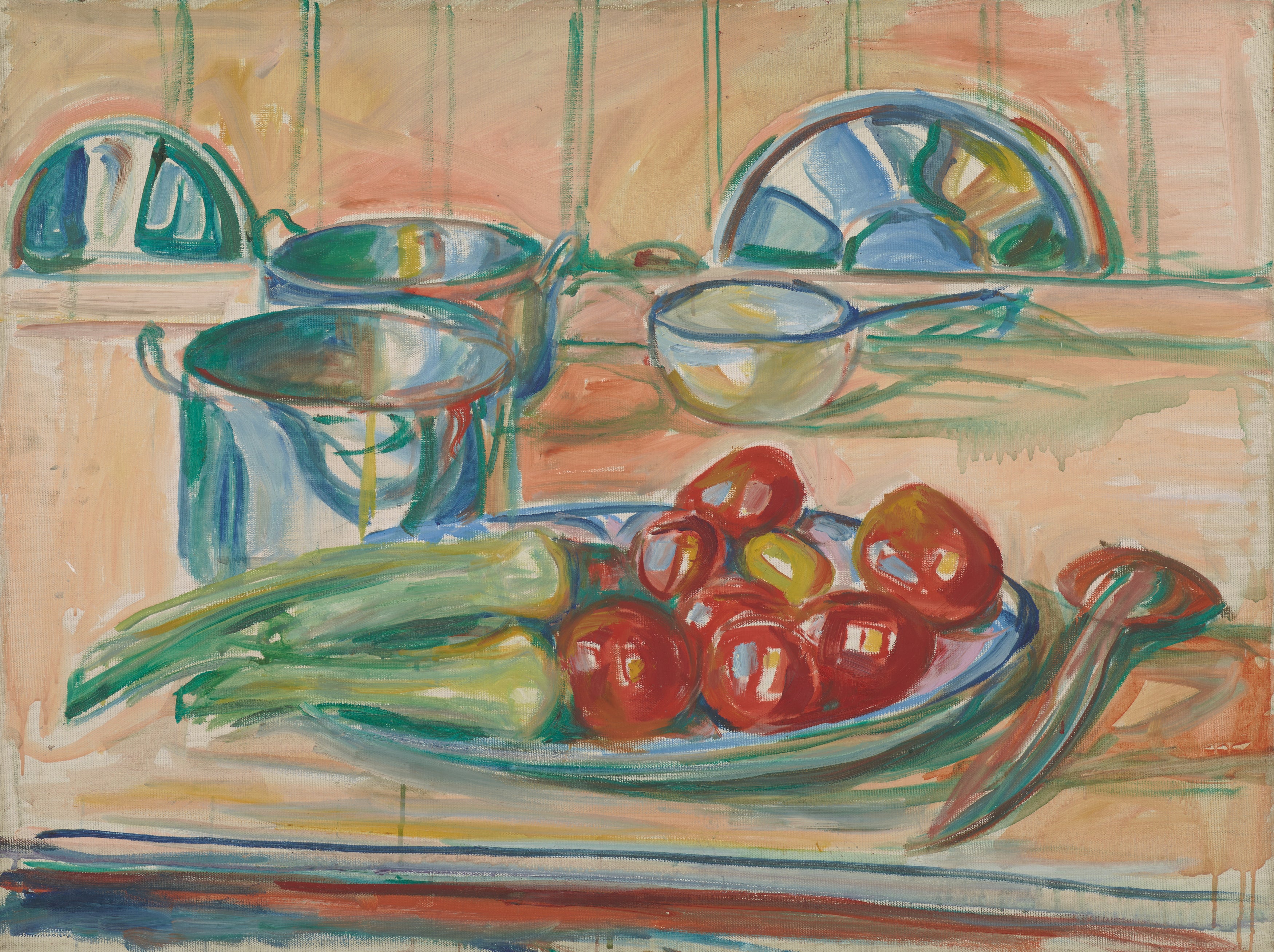 Reproduction du tableau « Nature morte aux tomates, poireaux et cocottes - Edvard Munch » par Alpha Reproduction en peinture à l’huile
