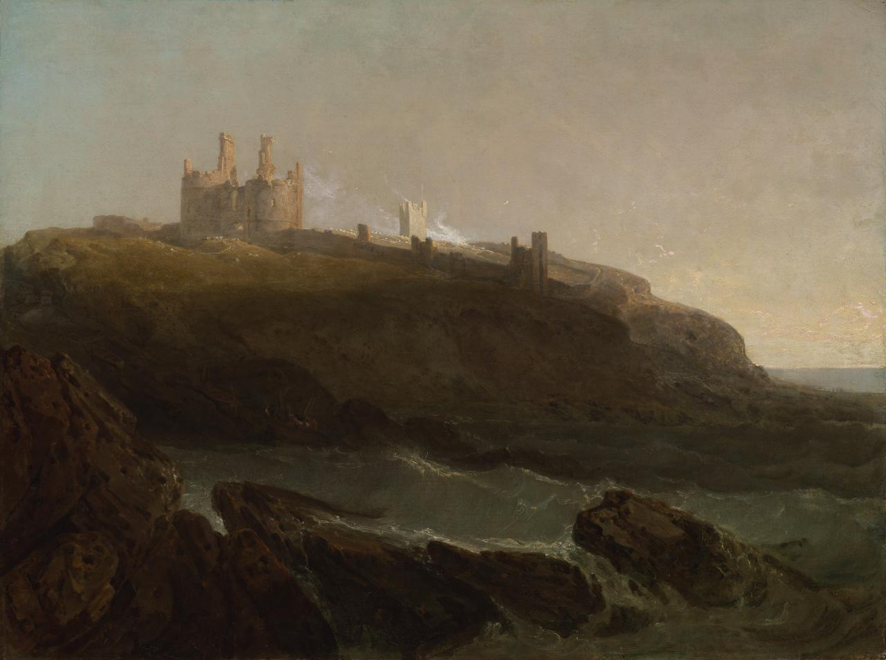 Dunstanburgh Castle, severovýchodní pobřeží Northumberlandu, východ slunce po bouřlivé noci - J. M. W. Turner