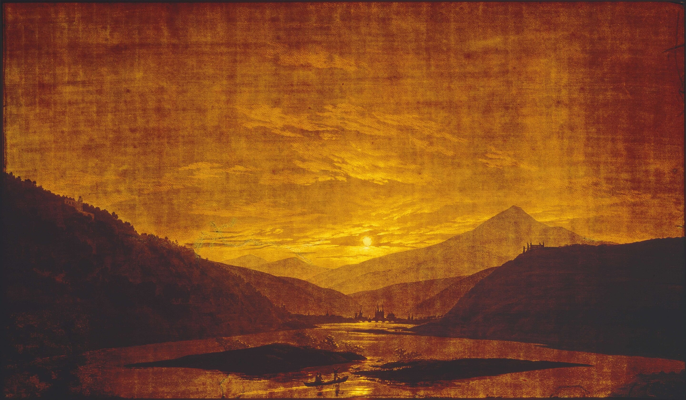 Krajina řeky v horách, v noci - Caspar David Friedrich