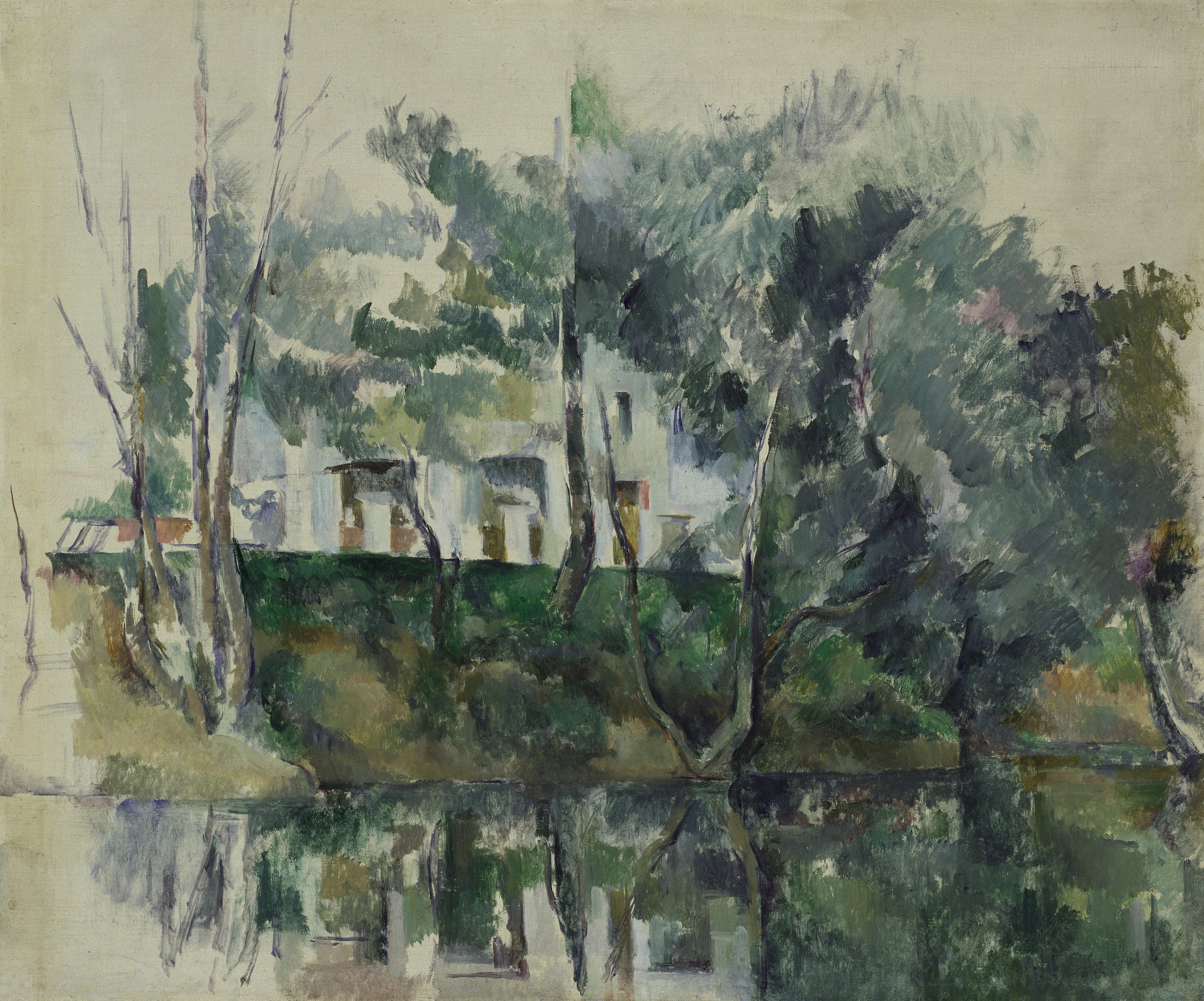 Reproduction du tableau « Arbres et maisons au bord de l'eau - Paul Cézanne » par Alpha Reproduction en peinture à l’huile
