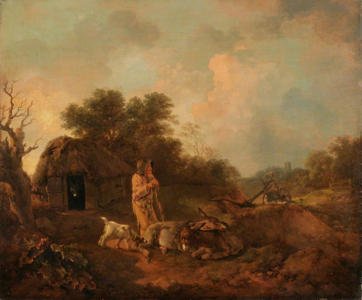 Paysage boisé avec un vieux paysan et des ânes à l'extérieur d'une grange, un soc de charrue et une église au loin - Thomas Gainsborough