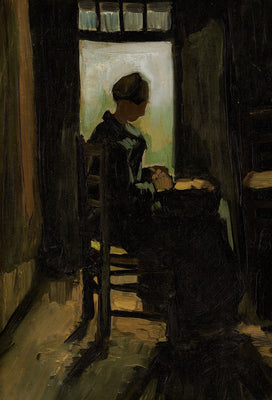 Sedící venkovanka před otevřenými dveřmi, loupající brambory - Vincent van Gogh