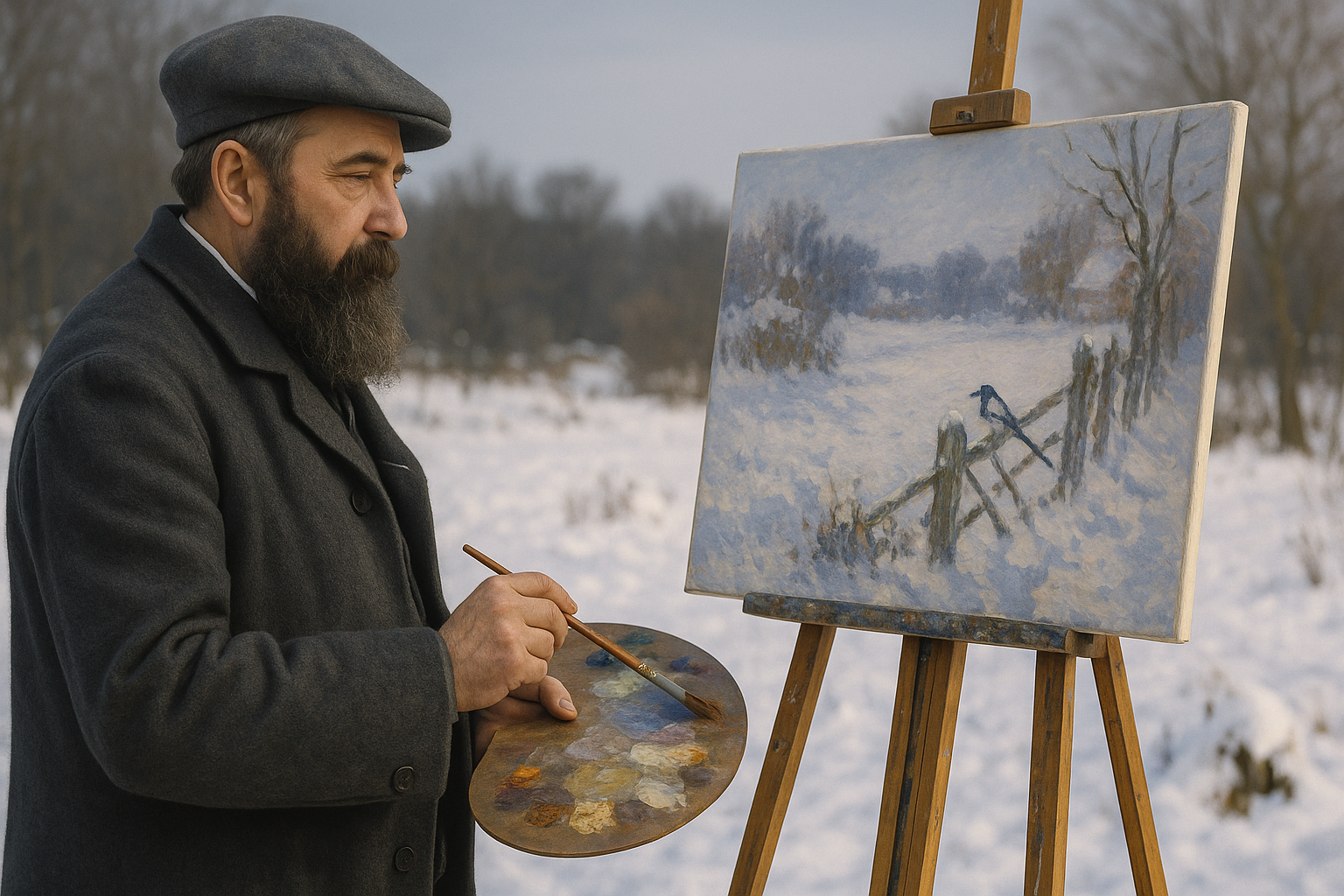 Claude Monet Sojka: Osamělý pták v zasněžené krajině
