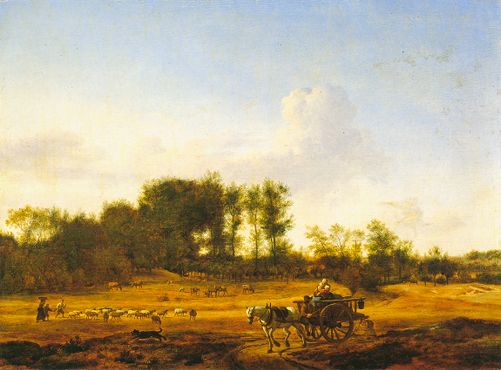 Paysage dunaire panoramique avec charrette et bétail - Adriaen van de Velde