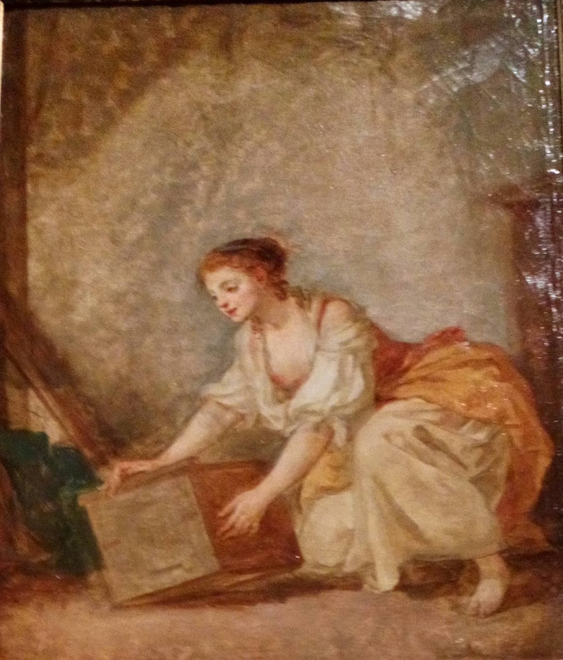 Mladá žena zdvíhající kufřík - Jean-Baptiste Greuze