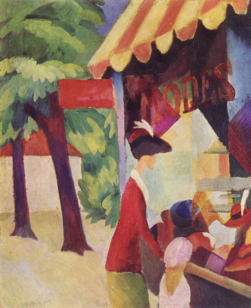 Před kloboučnictvím (Žena s červenou bundou a dítětem) - August Macke