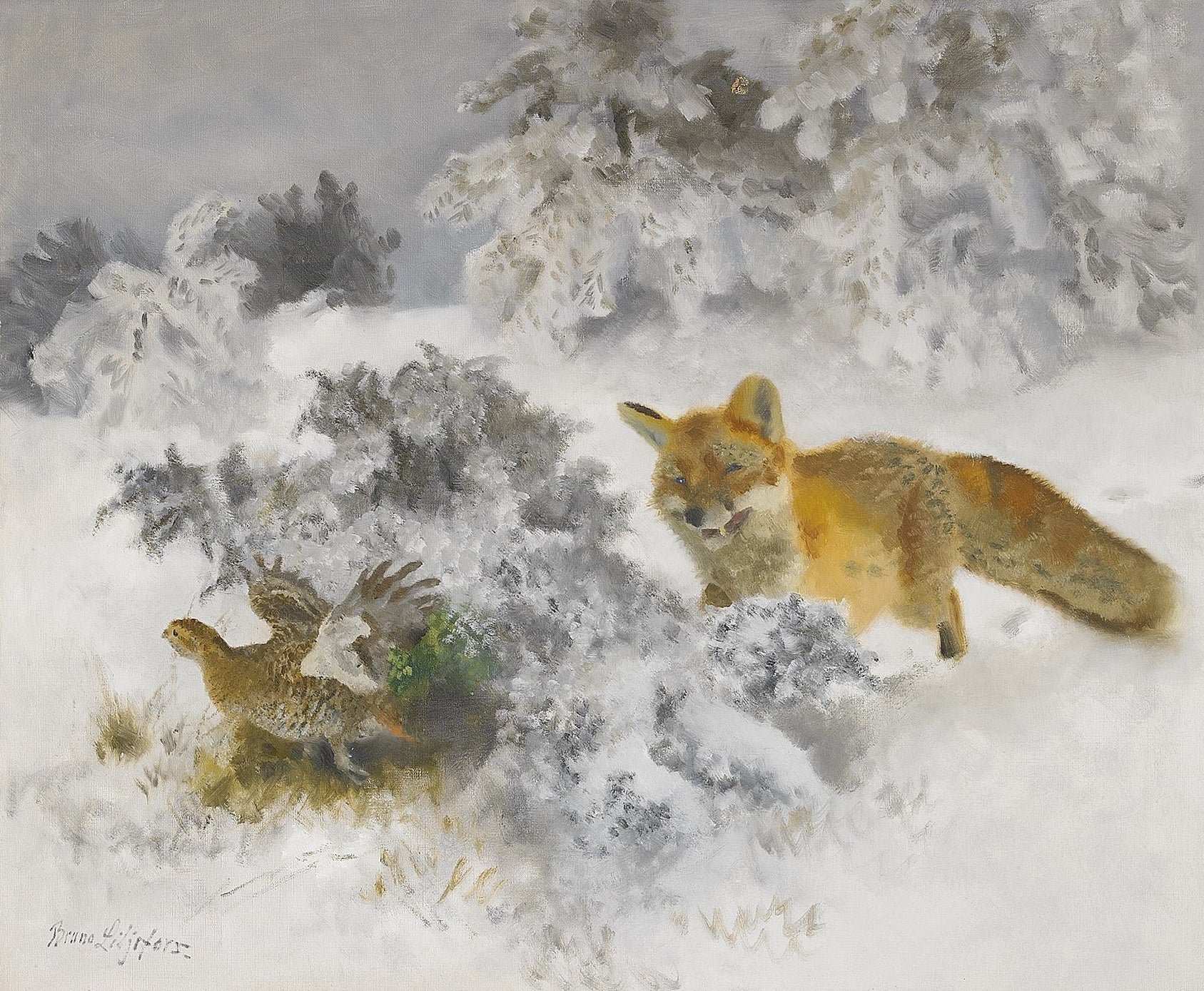 Renard et poule tétras lyre dans un paysage hivernal - Bruno Liljefors