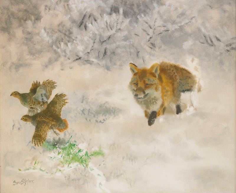 Chasse au renard et aux tétras lyres dans un paysage hivernal - Bruno Liljefors