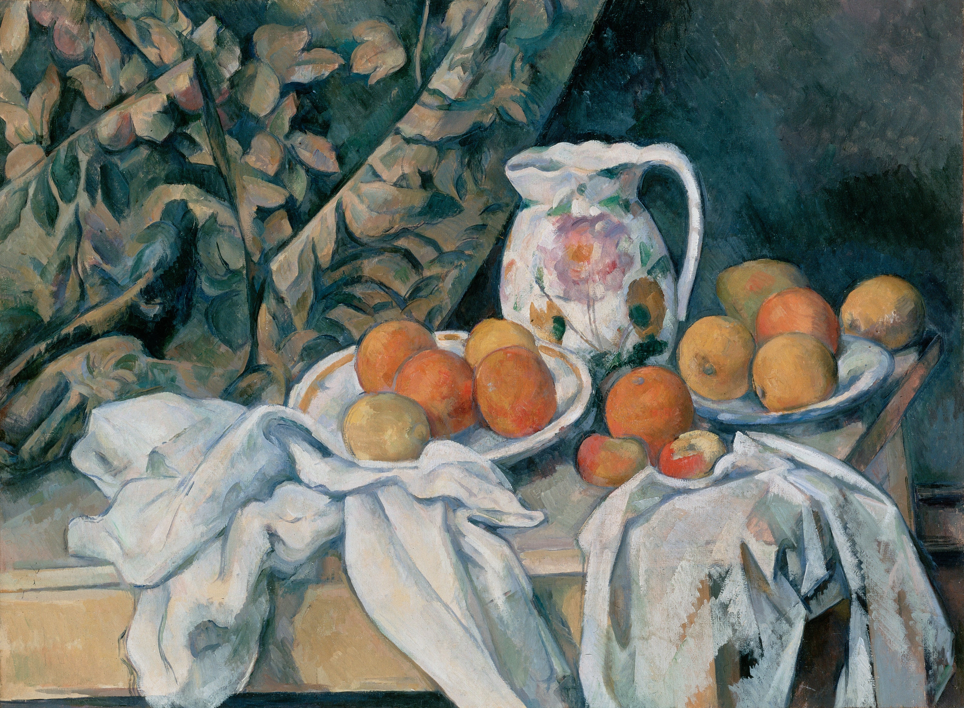 Reproduction du tableau « Nature morte avec rideau et pichet fleuri - Paul Cézanne » par Alpha Reproduction en peinture à l’huile