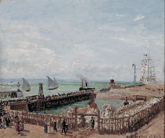 Reproduction du tableau « Entrée du port du Havre et le brise-lames ouest, soleil, matin - Camille Pissarro » par Alpha Reproduction en peinture à l’huile