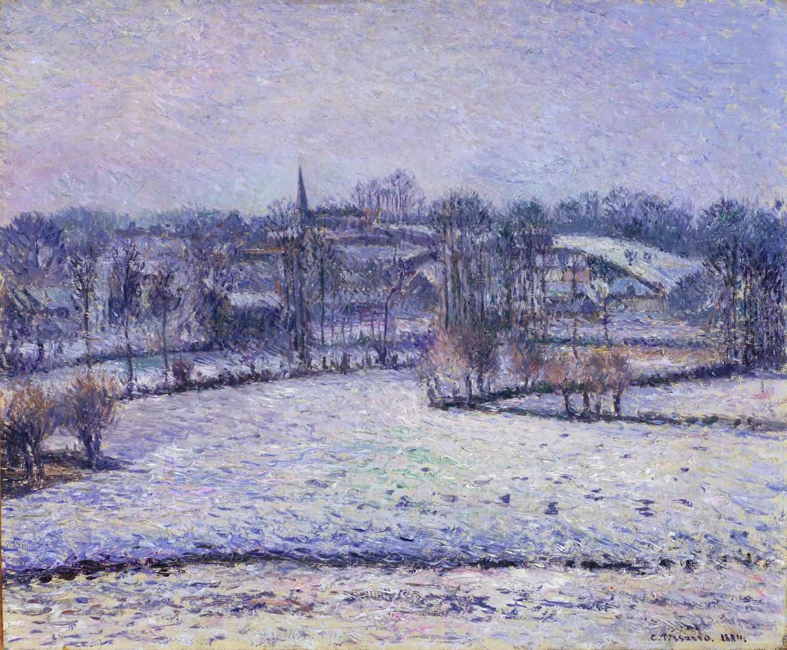 Reproduction du tableau « Scène de neige à Éragny (Vue de Bazincourt) - Camille Pissarro » par Alpha Reproduction en peinture à l’huile