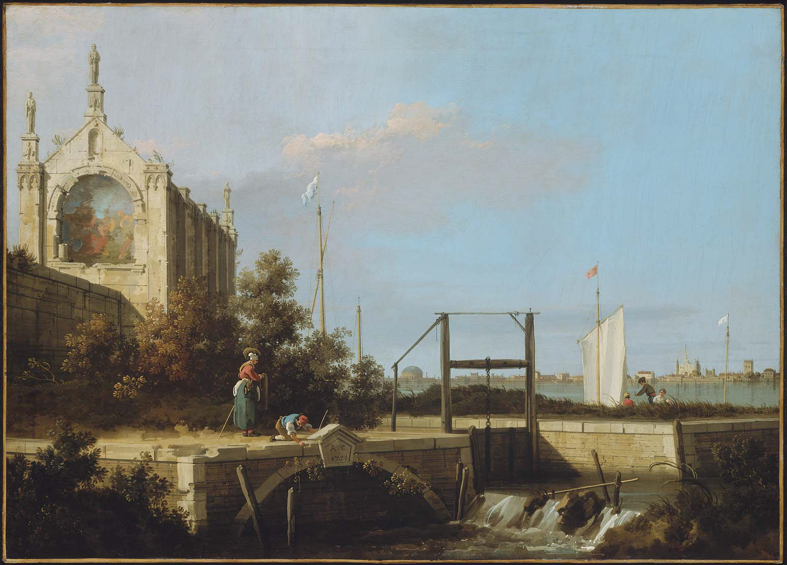 Capriccio : Une écluse sur une rivière avec une chapelle - Canaletto