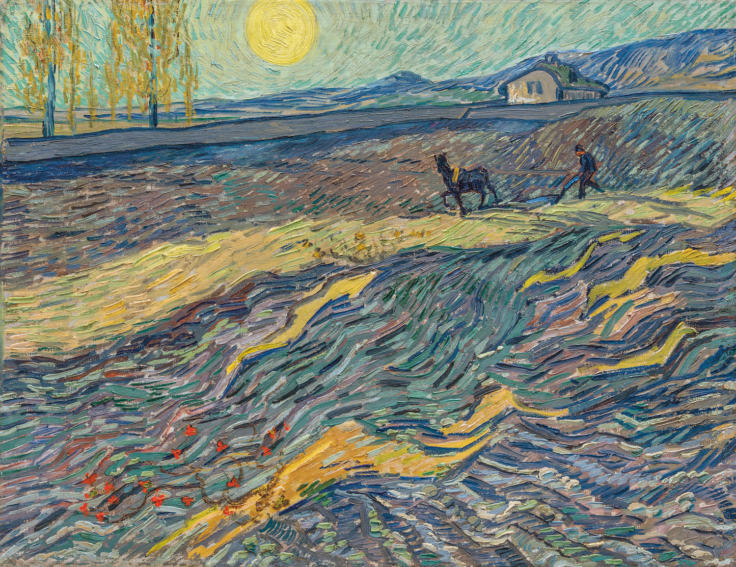 🌾 Pole s rolníkem orajícím a mlýn – Vincent van Gogh (1889)