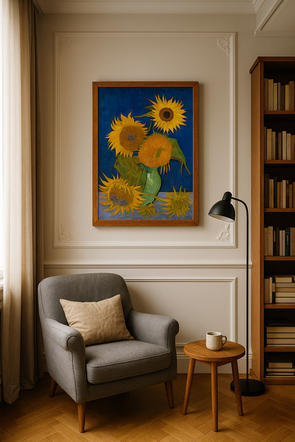 🌻 Slunečnice (královská modrá pozadí) – Vincent van Gogh (1888)