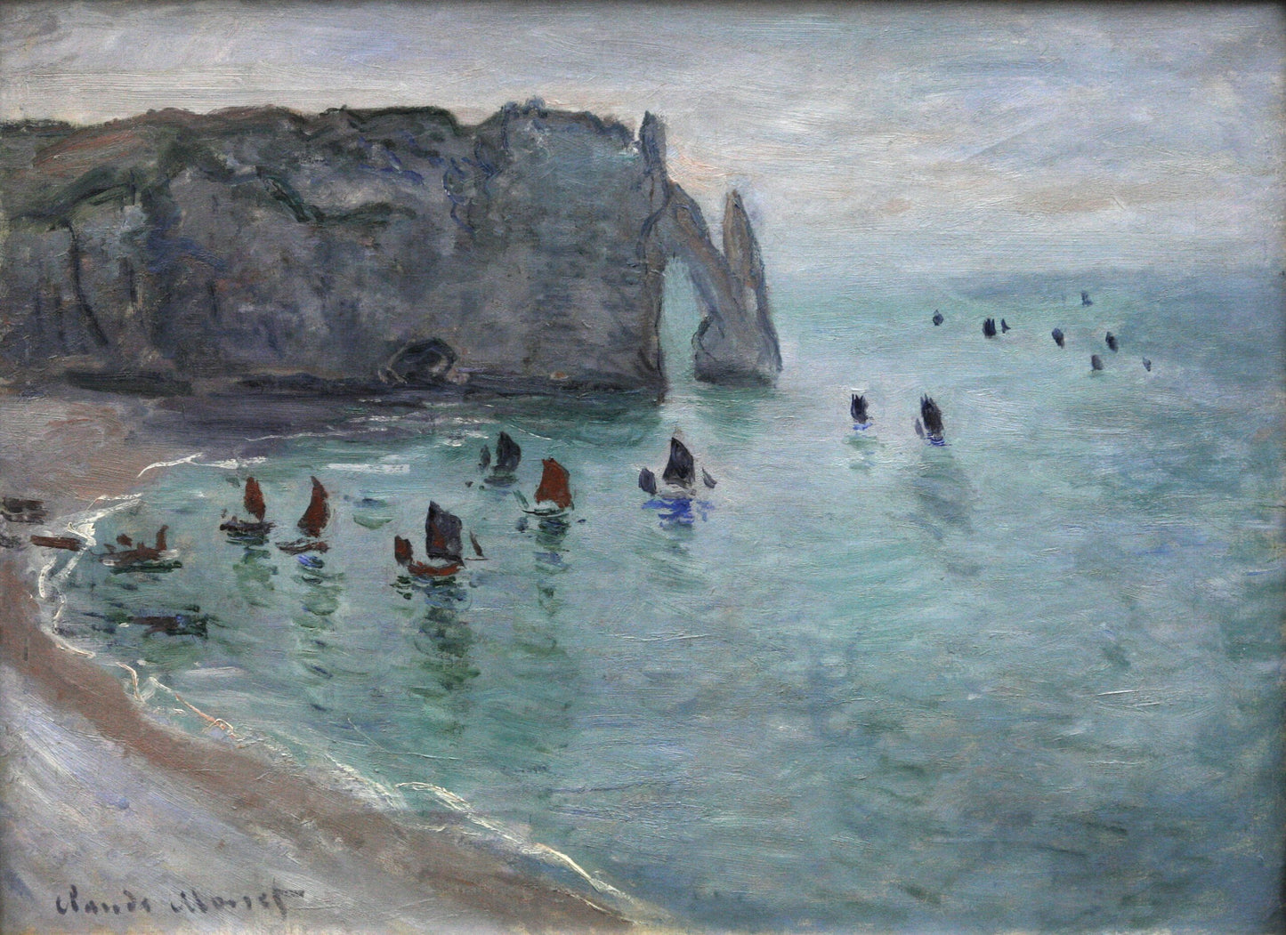 🖼️ Étretat, la Porte d’Aval – Rybářské lodě opouštějící přístav – Claude Monet (kolem 1885)