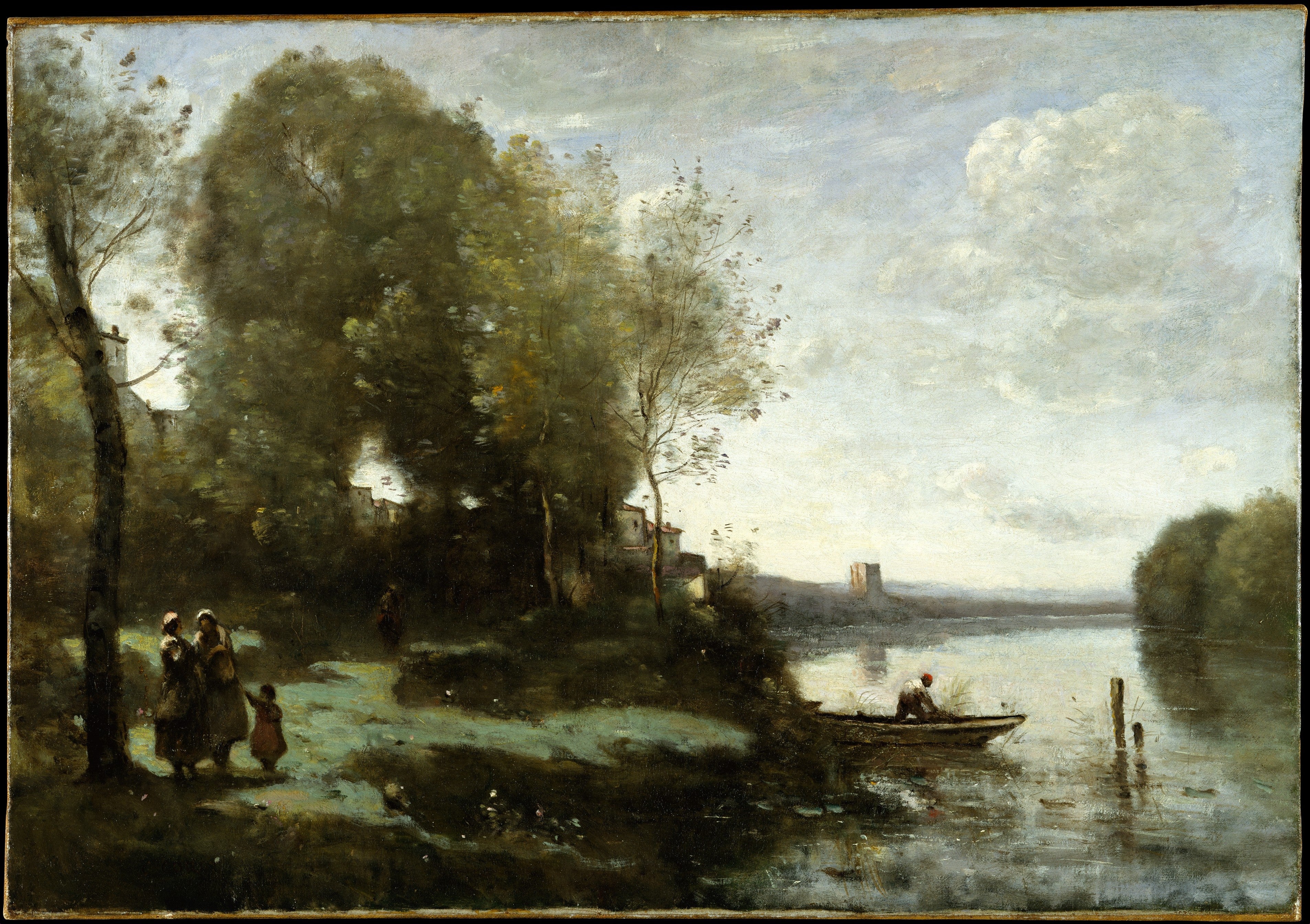 Rivière avec une visite dans le lointain - Jean-Baptiste Camille Corot