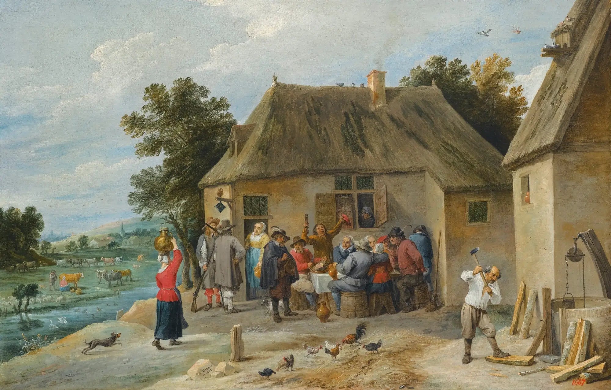 Une auberge de campagne avec l’aubergiste coupant du bois - David Teniers le Jeune - Alpha Reproduction