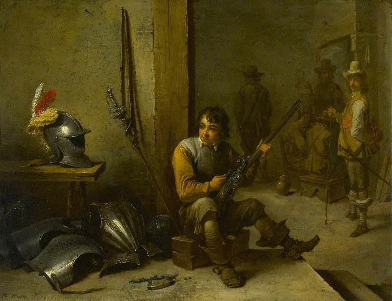 Un soldat nettoyant un fusil à silex dans une salle de garde, une armure à côté de lui et des soldats au-delà - David Teniers le Jeune