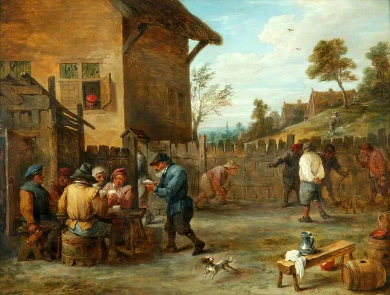 Farmáři hrající karty a kuželky na dvoře - David Teniers mladší