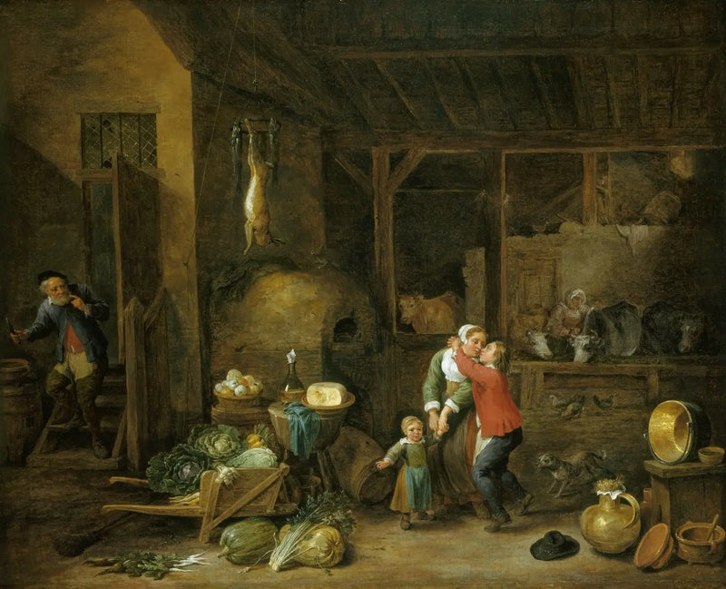 Interiér rodinného domu s postavami („Ukradený bozk“) - David Teniers ml.