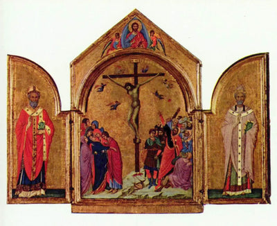 Triptyque: la Crucifixion ; le Rédempteur avec les anges ; saint Nicolas ; saint Grégoire - Duccio di Buoninsegna
