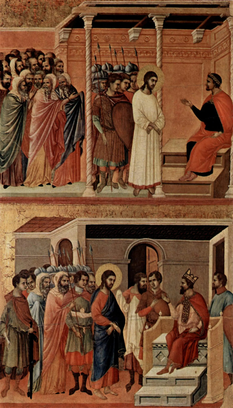 Kristus před Pilátem znovu (nahoře); Kristus před Herodem (dole) - Duccio di Buoninsegna