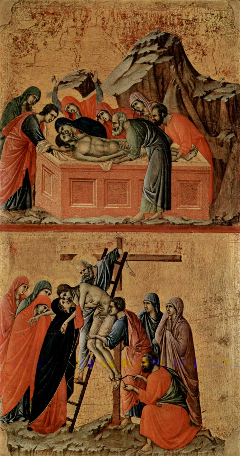 Pohřeb Krista (nahoře); Sestup z kříže (dole) - Duccio di Buoninsegna