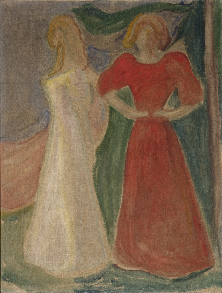 Reproduction du tableau « Deux Jeunes Femmes en rouge et blanc (Frise Reinhardt) - Edvard Munch » par Alpha Reproduction en peinture à l’huile
