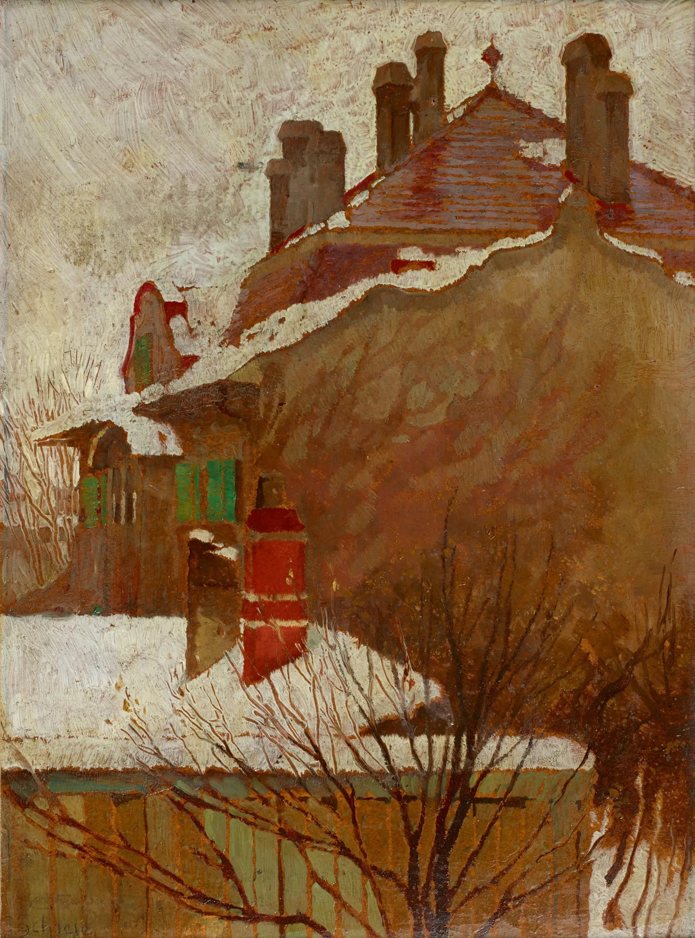Reproduction du tableau « Maisons en hiver (vue depuis le studio) - Egon Schiele » par Alpha Reproduction en peinture à l’huile
