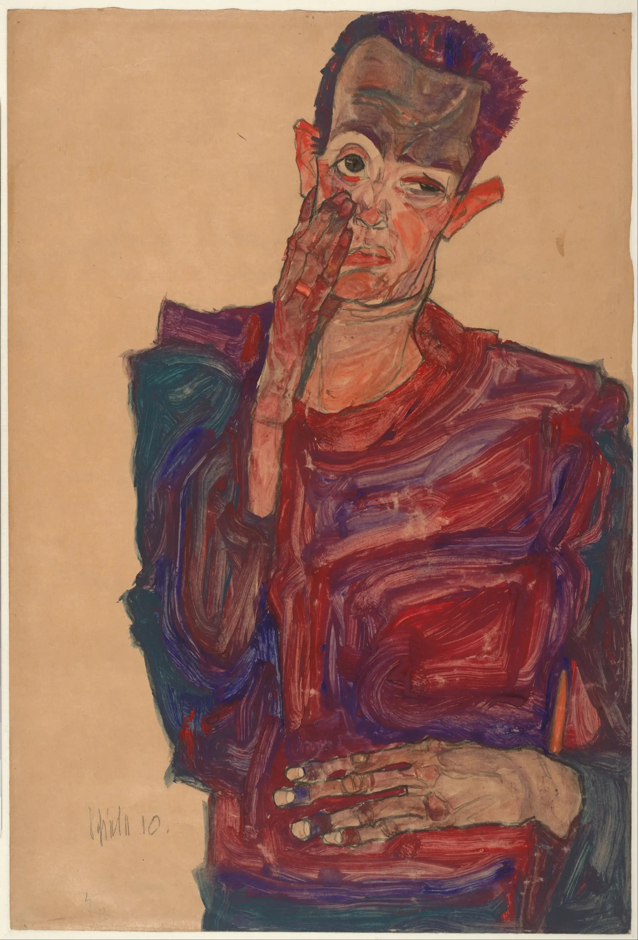 Reproduction du tableau « Autoportrait avec la paupière baissée - Egon Schiele » par Alpha Reproduction en peinture à l’huile