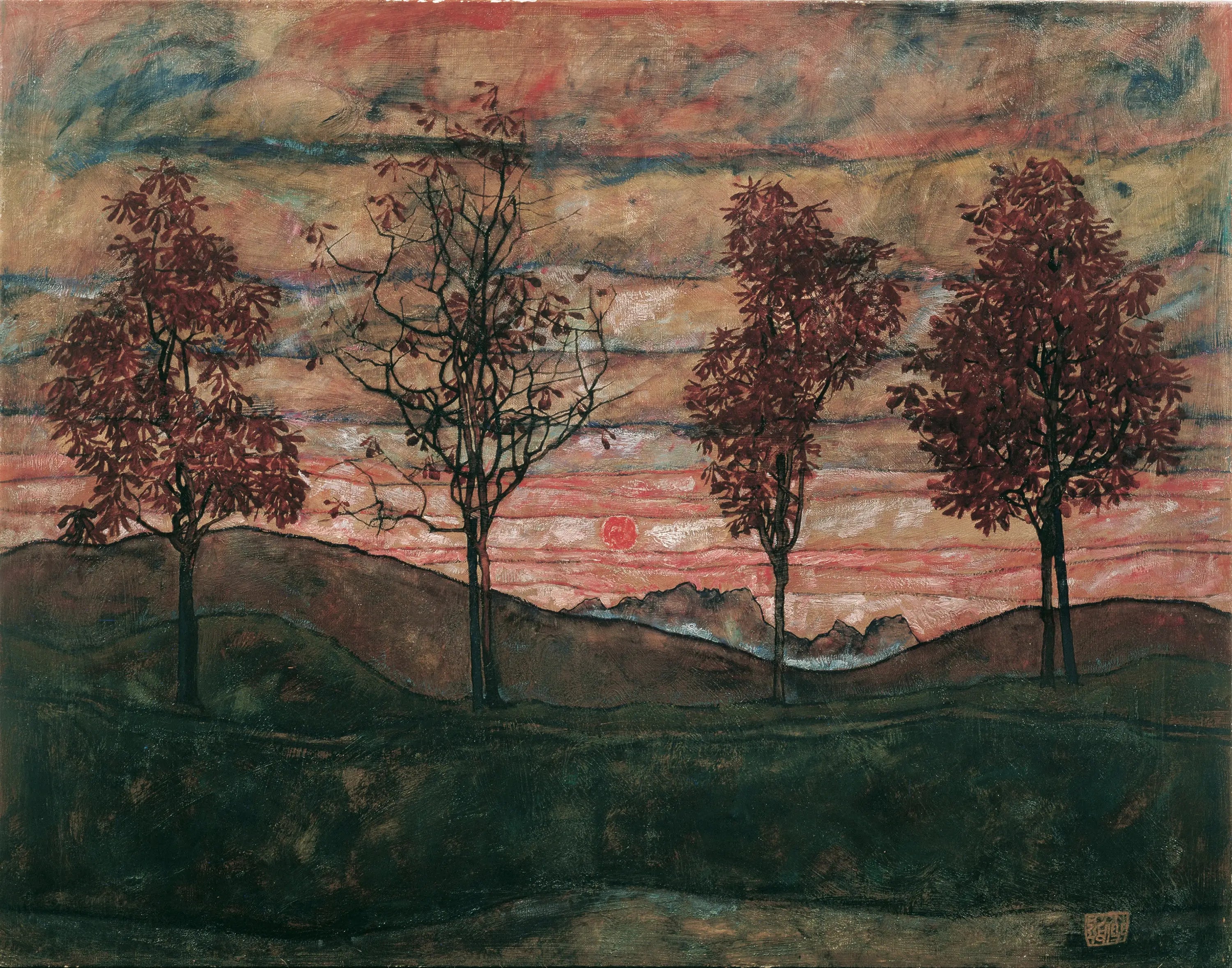 Reproduction du tableau « Quatre arbres - Egon Schiele » par Alpha Reproduction en peinture à l’huile