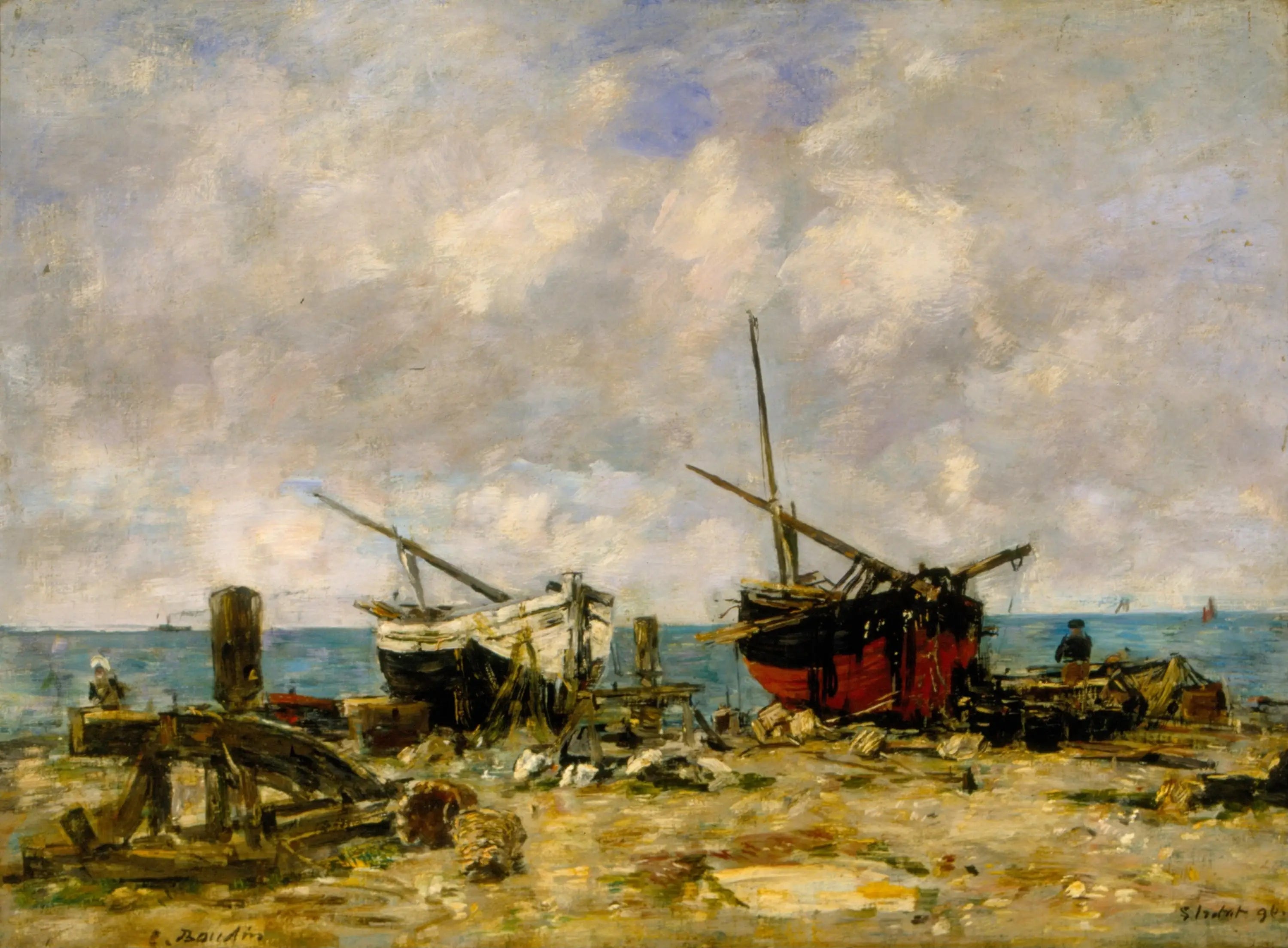 Reproduction du tableau « Étretat - Navires échoués - Eugène Boudin » par Alpha Reproduction en peinture à l’huile