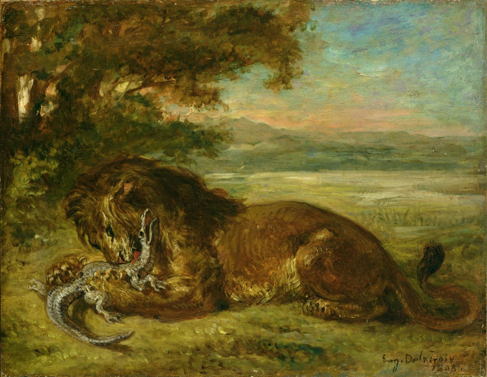 Reproduction du tableau « Lion et caïman - Eugène Delacroix » par Alpha Reproduction en peinture à l’huile