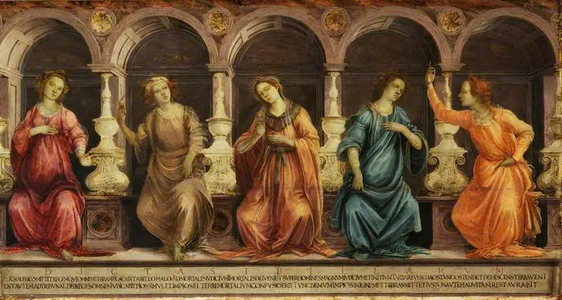 Pět sibyl v sedě v nikách: Samijská, Kuméjská, Egejská, frygijská a tiburská - Filippino Lippi