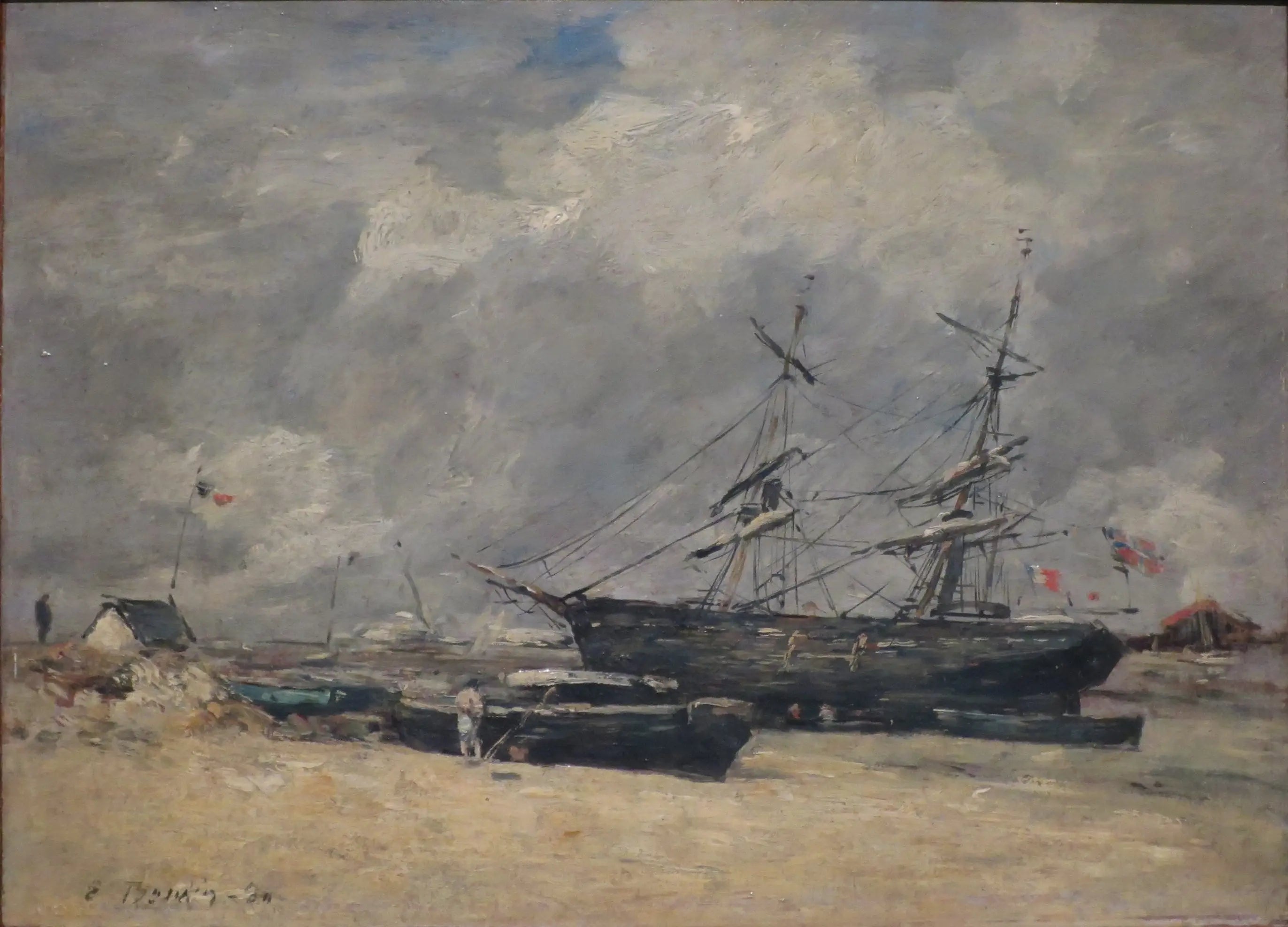Reproduction du tableau « Bateaux de pêche sur la plage. Trouville, marée basse - Eugène Boudin » par Alpha Reproduction en peinture à l’huile
