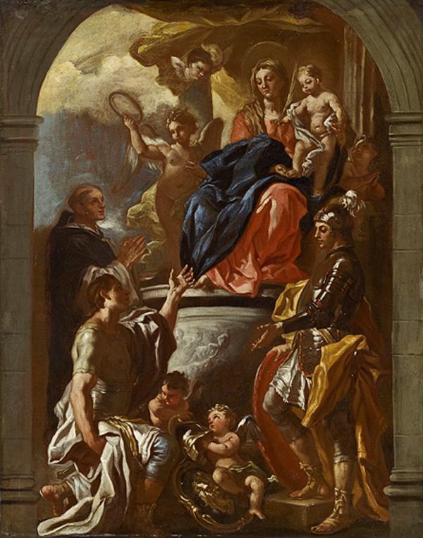 Panna Marie s dítětem na trůnu s svatým Petrem mučedníkem a dvěma svatými bojovníky - Francesco Solimena