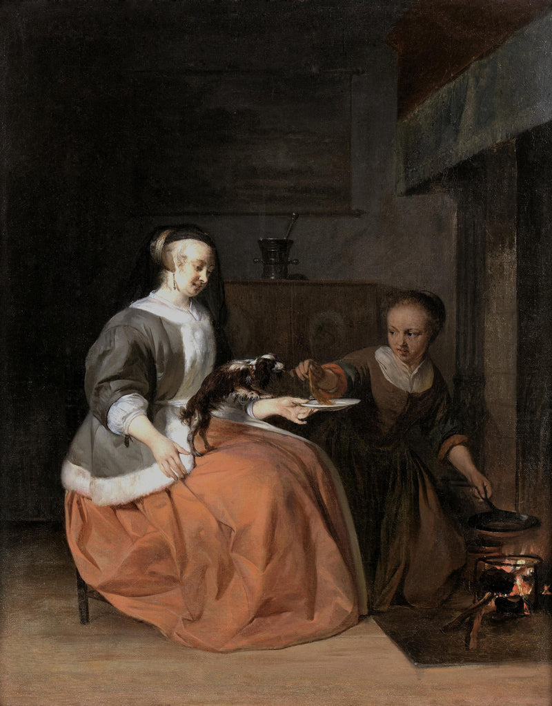 Une dame nourrit son petit chien - Gabriel Metsu