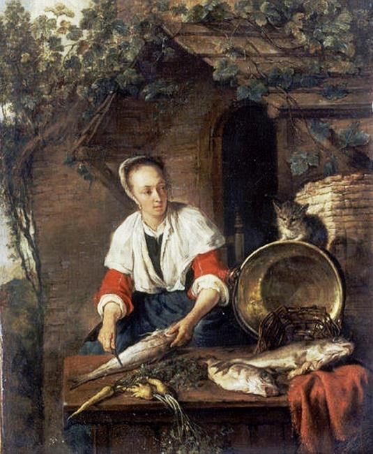 Femme nettoyant un poisson avec un chat - Gabriel Metsu