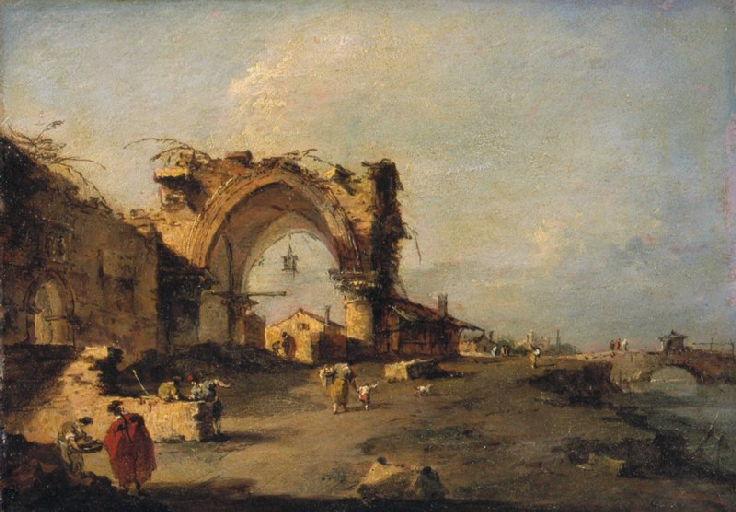Pohled na malou vesnici s mostem a monumentální gotickou bránou v ruině - Francesco Guardi
