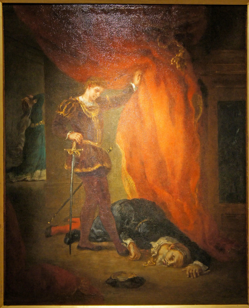 Hamlet před tělem Polonia - Eugène Delacroix
