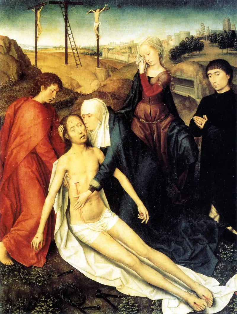 Mrtvý Kristus pláčoucí svou Matkou, svatý Jan a - Hans Memling