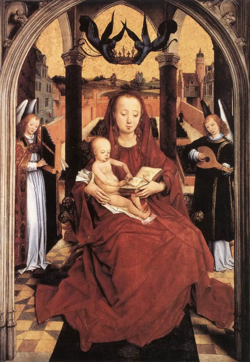 Panna s dítětem na trůnu s dvěma hudebníky anděly - Hans Memling