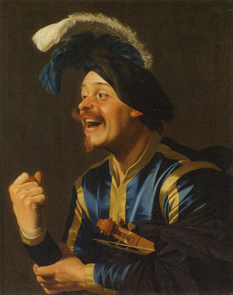 Hudebník s úsměvem a houslemi pod paží - Gerrit van Honthorst